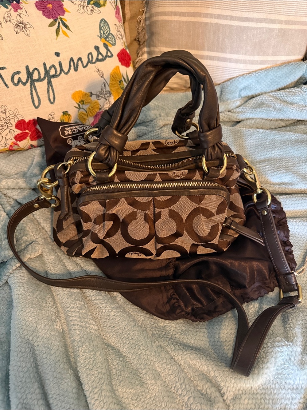 Coach Brown Signature Canvas Shoulder Bag with Dark Brown Leather Trim